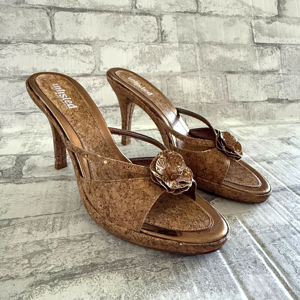 VTG Unlisted Y2k Cork Floral Studded Cottagecore Fairy Heeled Sandal Mules Sz 9